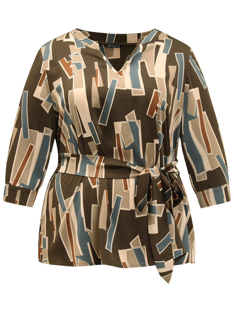Geometric Colorblock Belted Woven Blouse