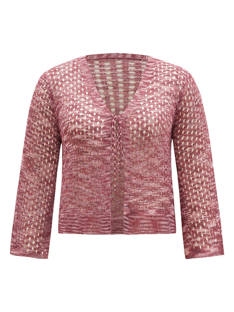 Geometric Eyelet Bell Sleeve Ties Front Cardigan