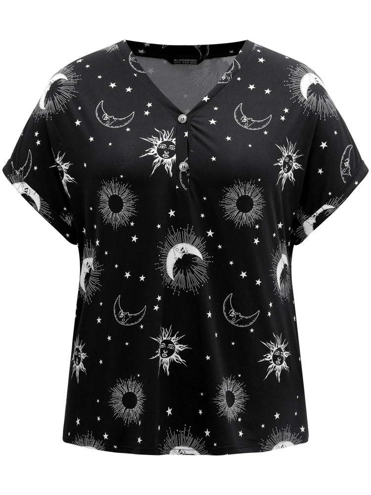 Horoscope Print V Neck Cuffed Dolman Sleeve T-shirt