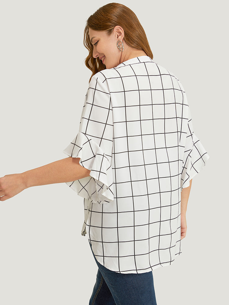 Plaid Notched Button Up Ruffle Sleeve Split Hem Blouse