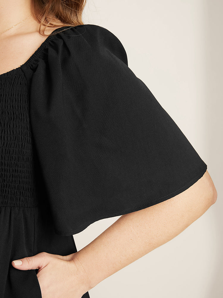 Plain Square Neck Shirred Button Detail Pocket Ruffles Dress