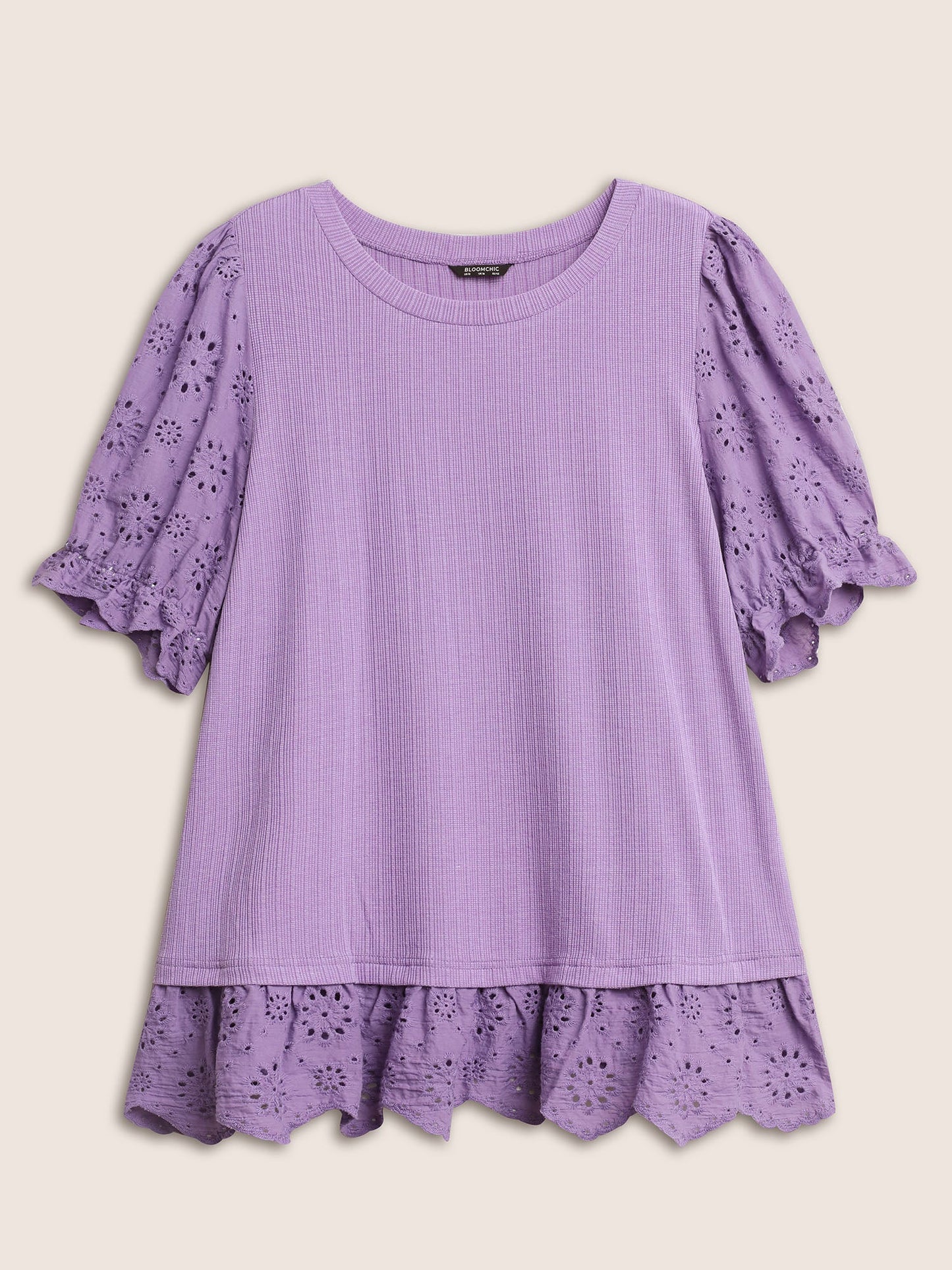 Solid Broderie Anglaise Patchwork Puff Sleeve T-shirt