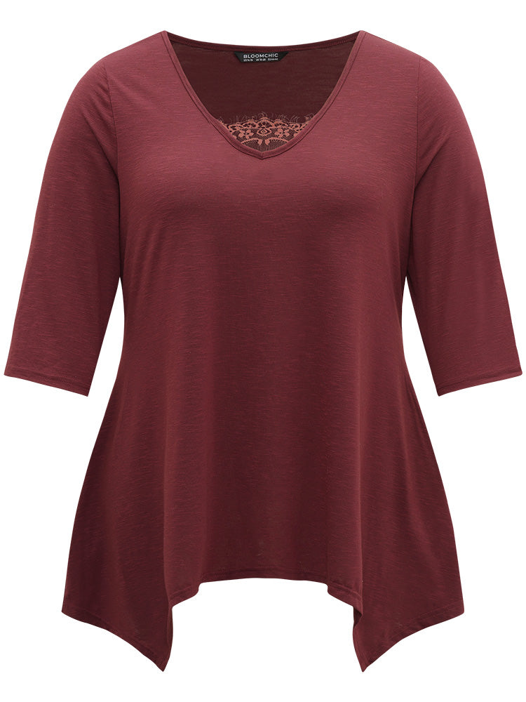 Solid Crochet Lace Mesh Hanky Hem T-shirt