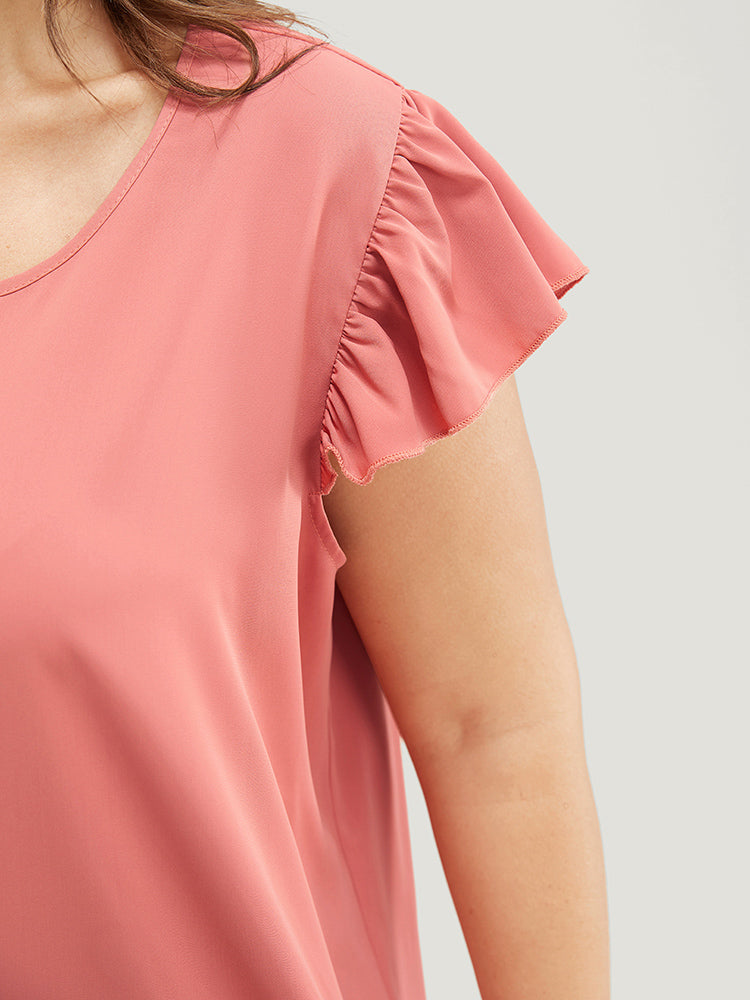 Solid Crisscross Crew Neck Ruffle Trim Cap Sleeve Blouse