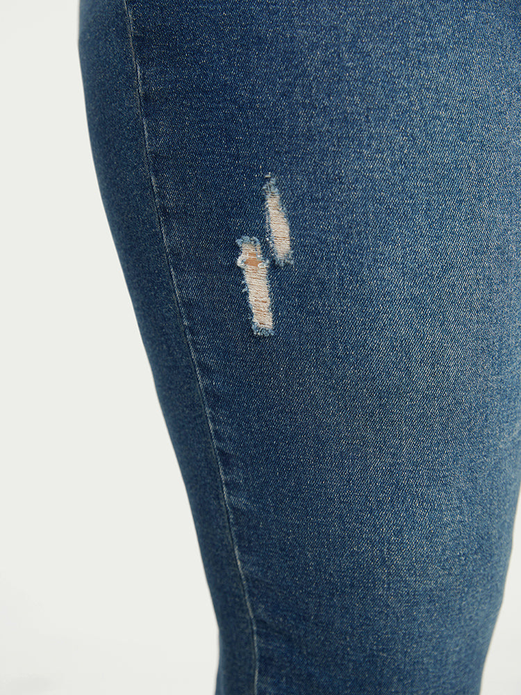 Very Stretchy High Rise Medium Wash Ripped Detail Cropped Jeans