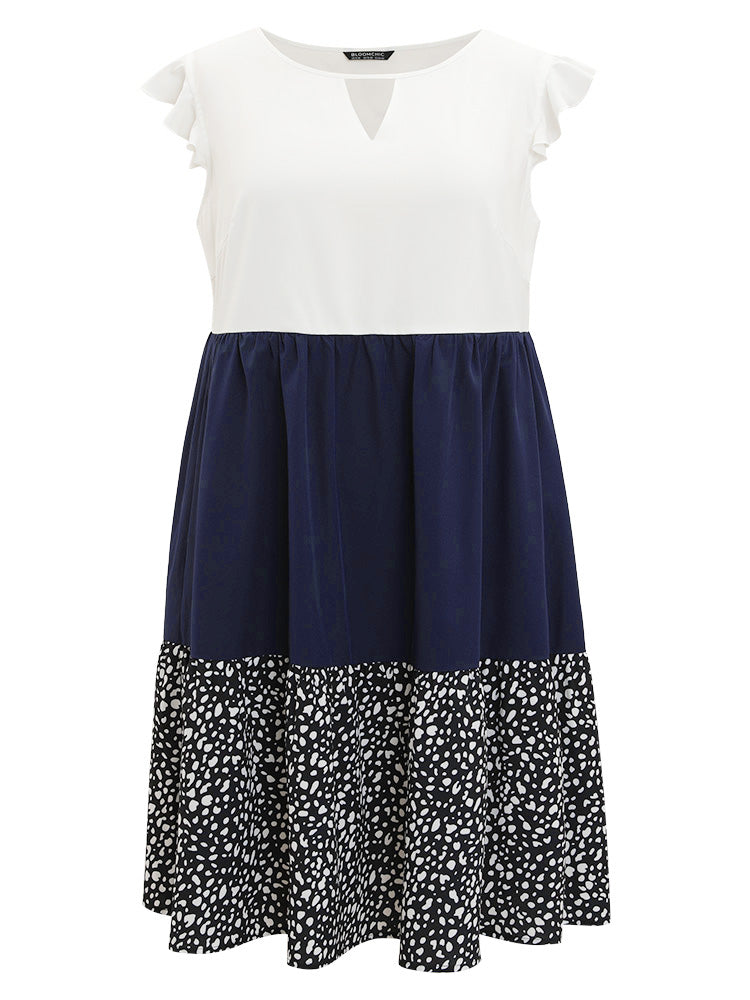 Leopard Print Patchwork Ruffle Cap Sleeve Keyhole Dress