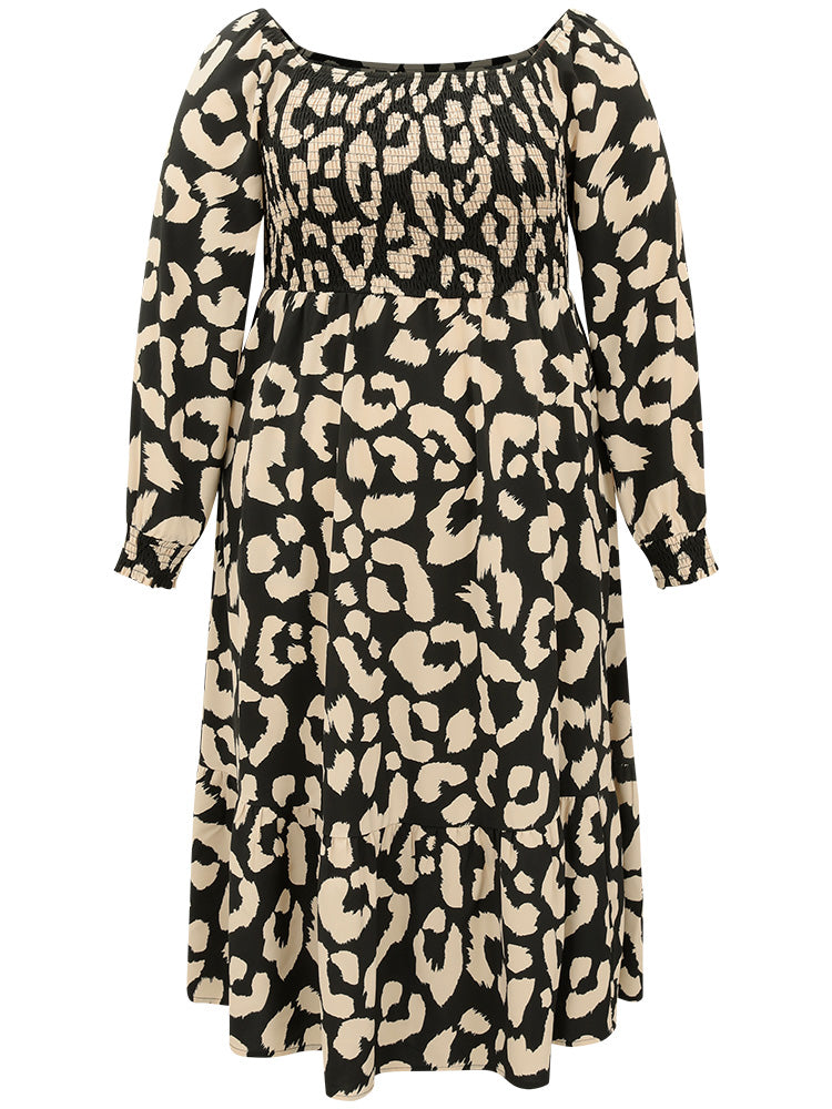 Leopard Shirred Square Neck Lantern Sleeve Dress
