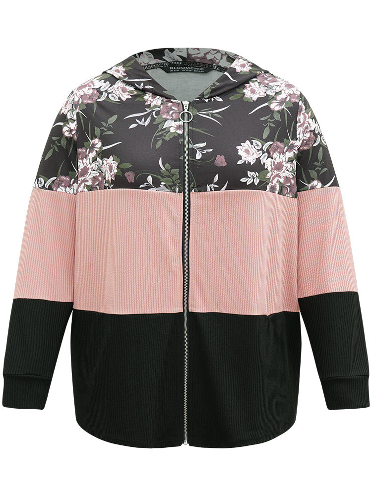Floral Colorblock Contrast O Ring Zipper Hooded Sweatshirt