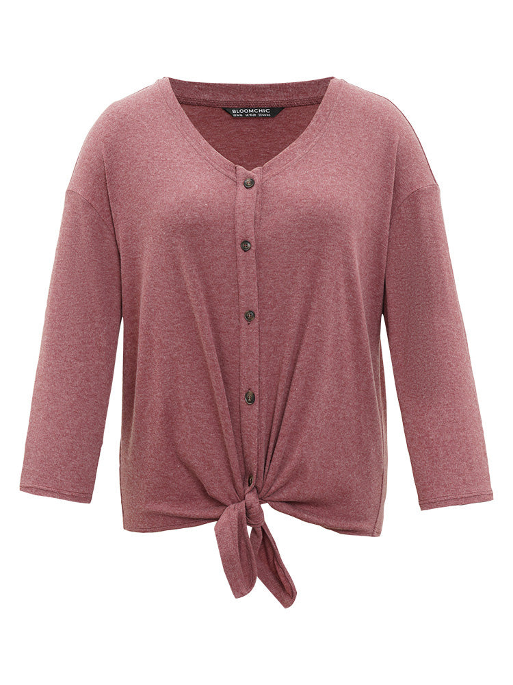 Plain Button Up Drop Shoulder Twist Hem T-shirt