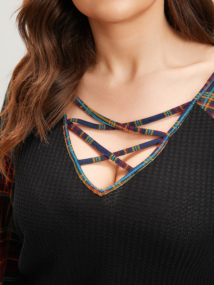 Tartan Patchwork Crisscross Neck Waffle Knit Long Tee