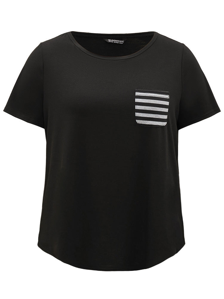 Striped Patchwork Patched Pocket Arc Hem Sleep Top