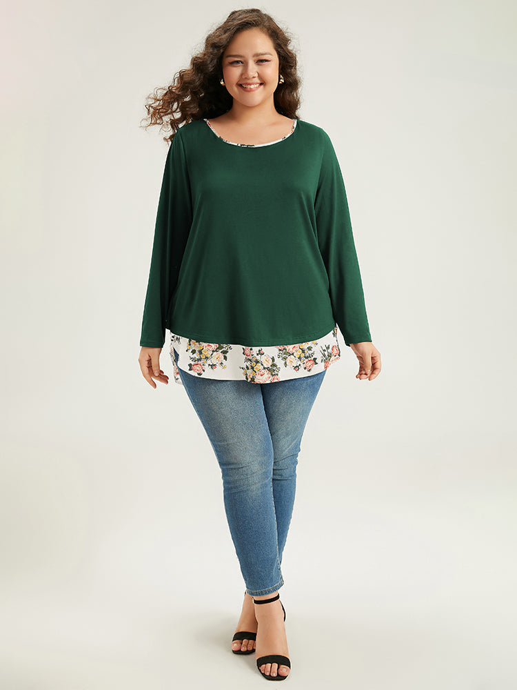 Floral Curved Hem Patchwork Wrap T-shirt
