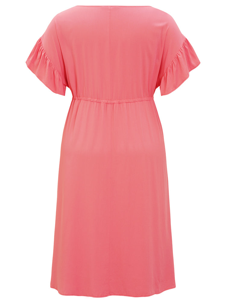 Solid Flutter Sleeve Button Detail Pocket Drawstring Dress