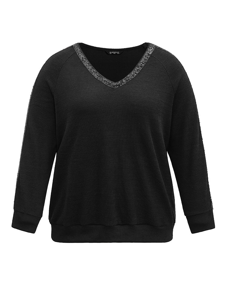 Sequin Patchwork Raglan Sleeve Plisse Sweatshirt