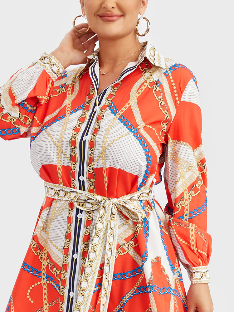 Chain Print Belted Shirt Dress