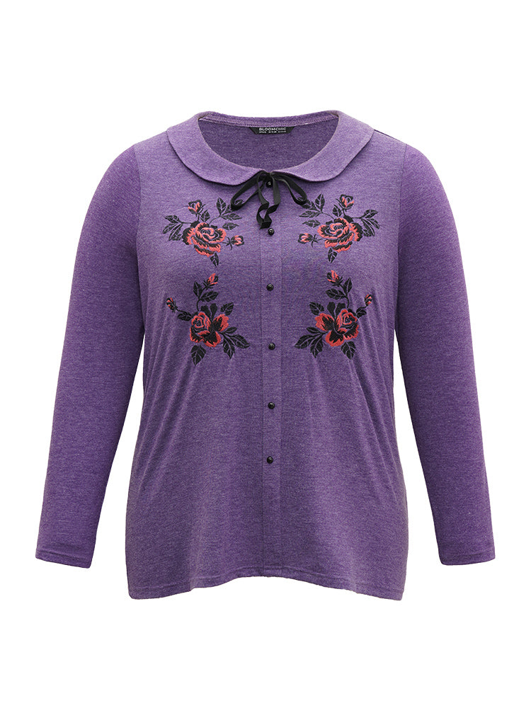 Floral Embroidered Bowknot Button Detail Blouse