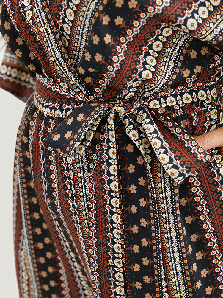 Striped Geometric Pocket Belt Wrap Dolman Sleeve Jumpsuit