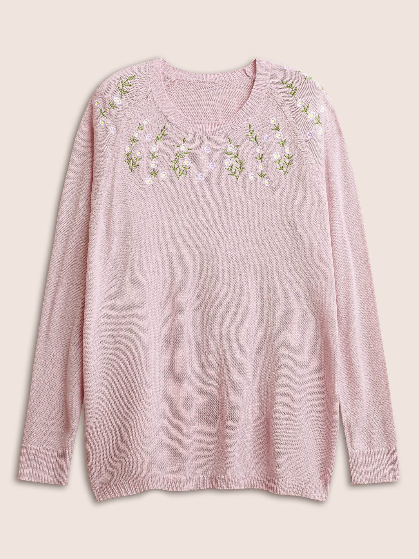 Floral Embroidered Crew Neck Raglan Sleeve Pullover