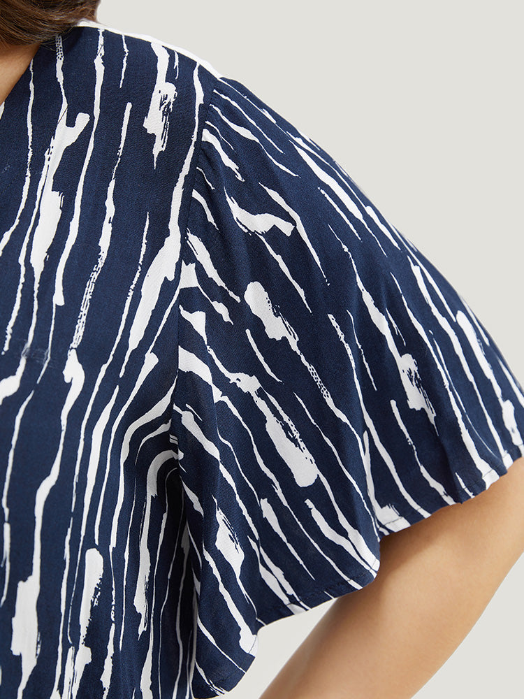 Water Ripple Patchwork Ruffle Sleeve Button Detail Blouse