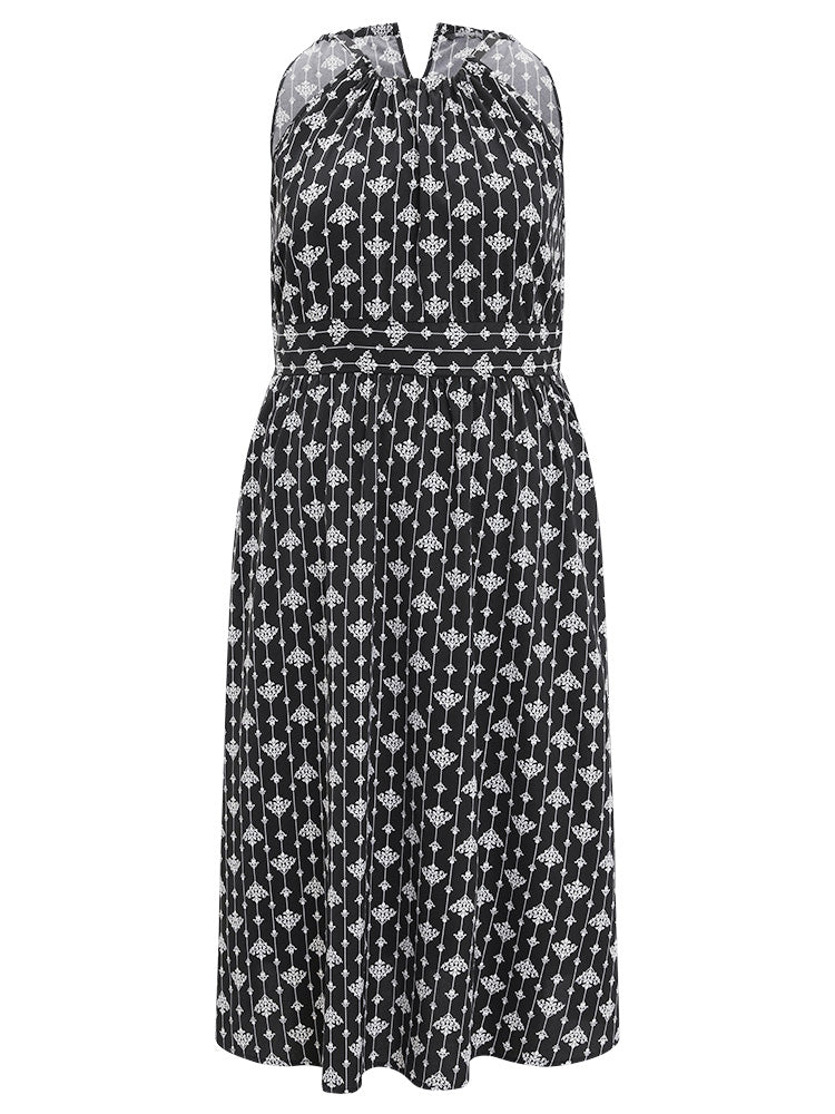 Geometric Print Ruffle Hem Pocket Knot Back Halter Dress