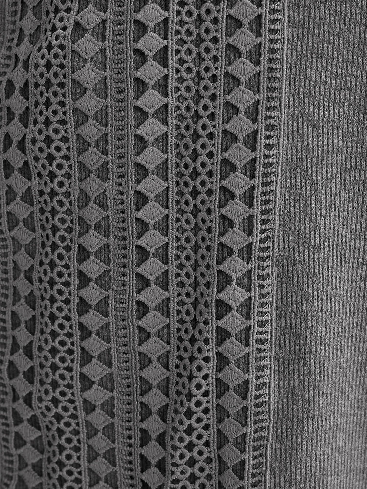 Solid V Neck Crochet Lace Rib Knit Long Tee