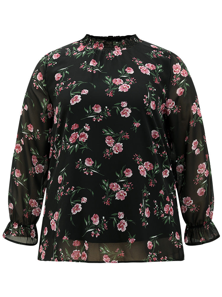 Chiffon Floral Frill Trim Mesh Patchwork Blouse