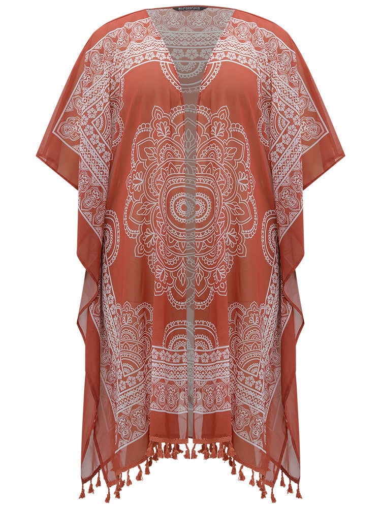 Boho Print Open Front Tassel Trim Batwing Sleeve Kimono