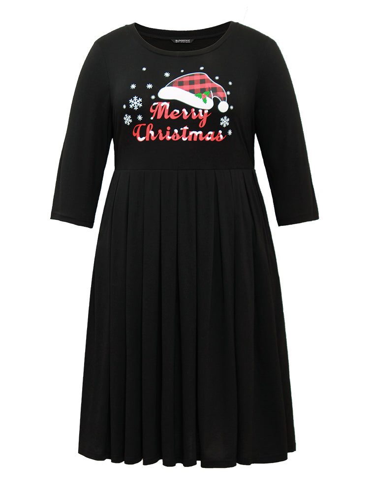 Christmas Print Plicated Detail Elastic Waist Dress