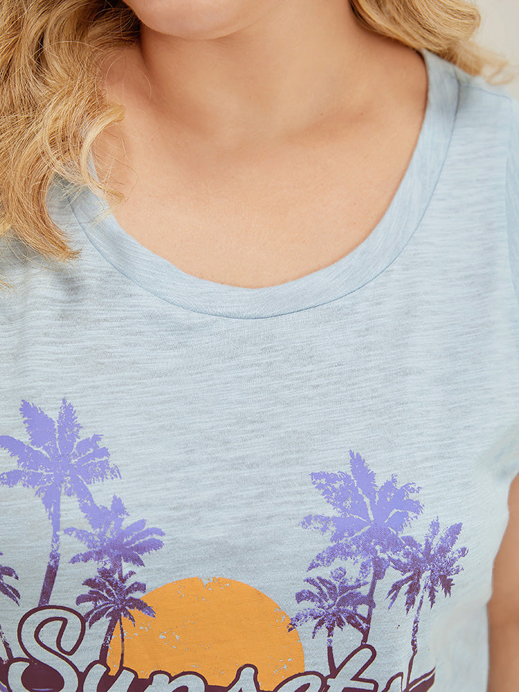 Letter & Coconut Tree Print Arc Hem Graphic Tank Top