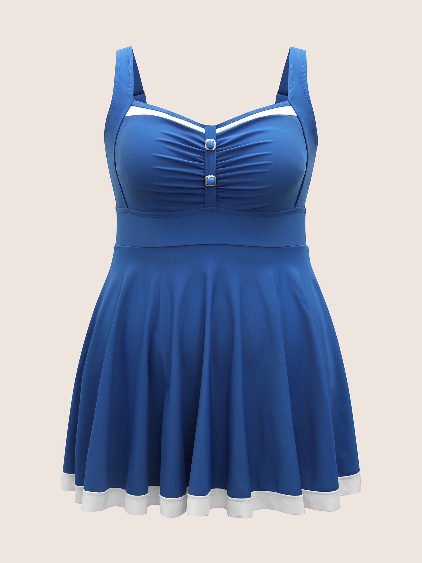 Plain Patchwork Ruched Button Detail Swim Dress