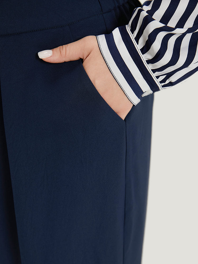 Plain Pocket Elastic Waist Pleated Woven Pants