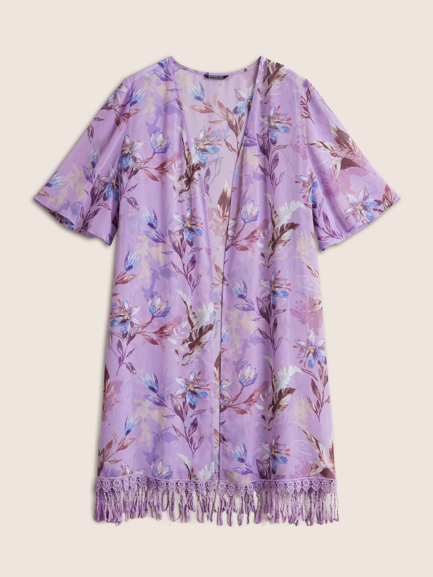 Floral Lace Patchwork Mesh Tassels Trim Kimono