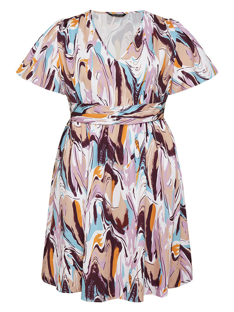 Water Ripple Print Ruched Detail Ruffles Dress