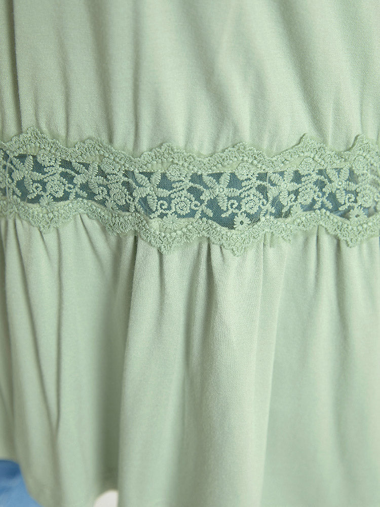 Plain Contrast Lace Mesh Ruffle Hem Tank Top