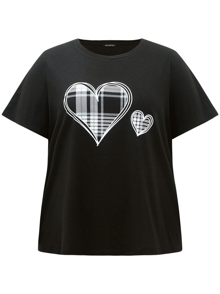 Heart Print Plaid Contrast Crew Neck Sleep Top