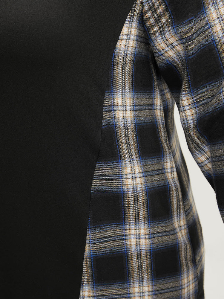 Tartan Patchwork Button Detail Round Neck Sweatshirt