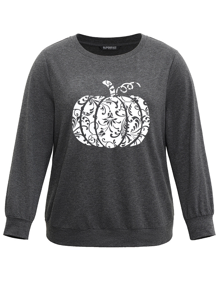Pumpkin Print Crew Neck Knit Sweatshirt