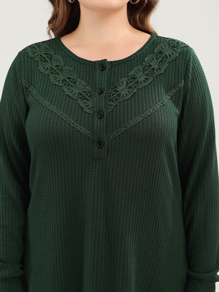 Solid Round Neck Button Up Waffle Knit Long Tee