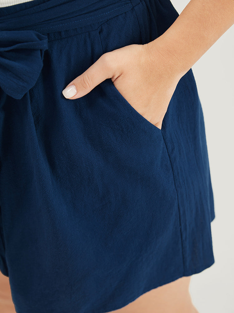 Plain Knotted Front Elastic Waist Pocket Shorts