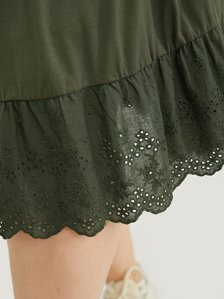 Plain Pocket Broderie Anglaise Ruffle Hem Knee Dress