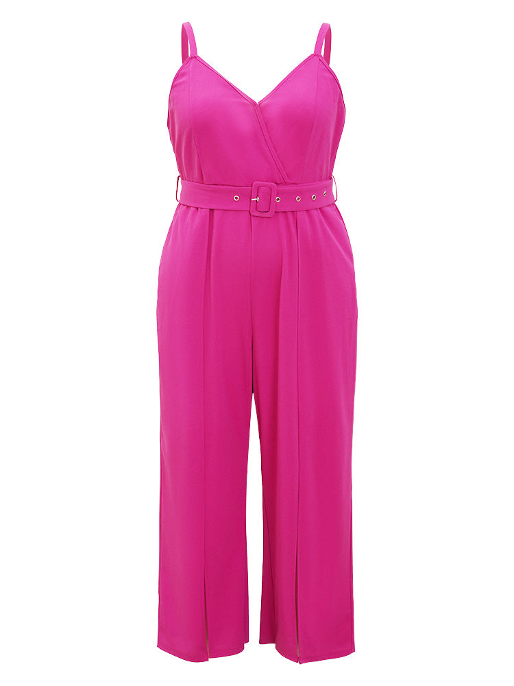 Plain Pocket Wrap Buckle Belt Jumpsuit