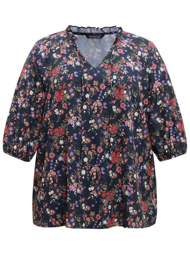 Ditsy Floral Tie Neck Elastic Cuffs Blouse
