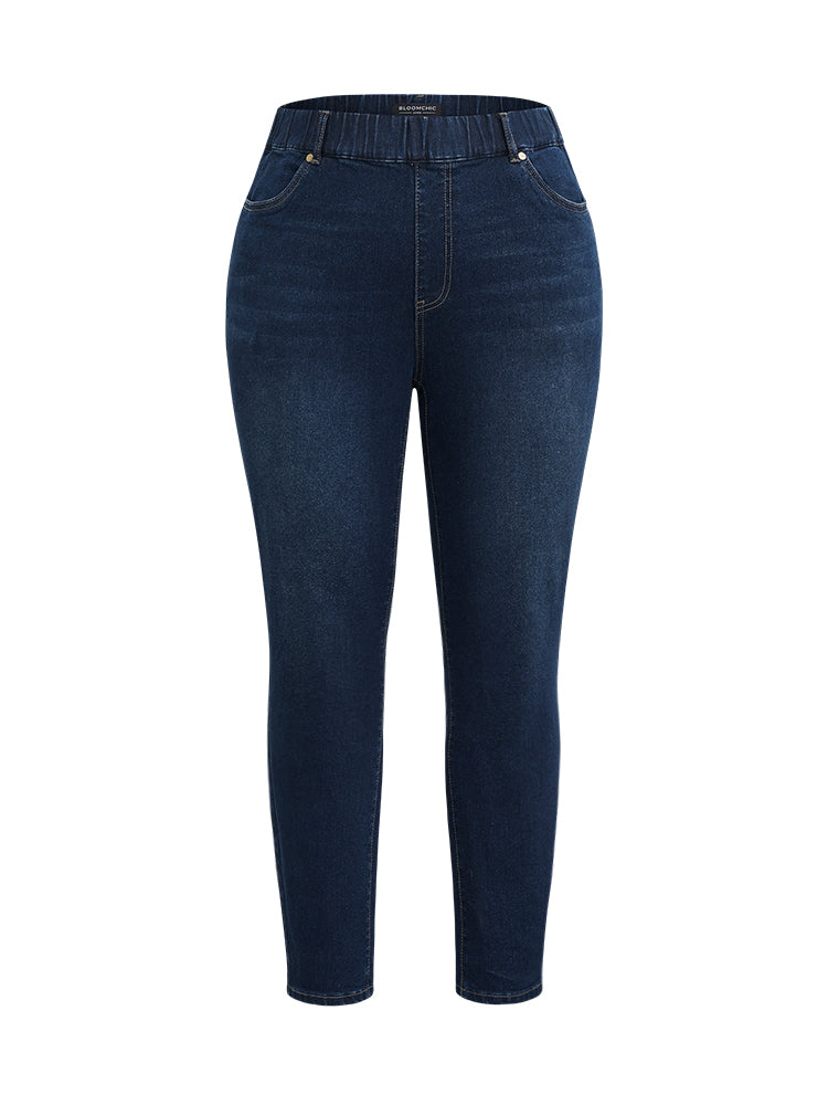 Skinny Plain Elastic Waist Dark Wash Jeans