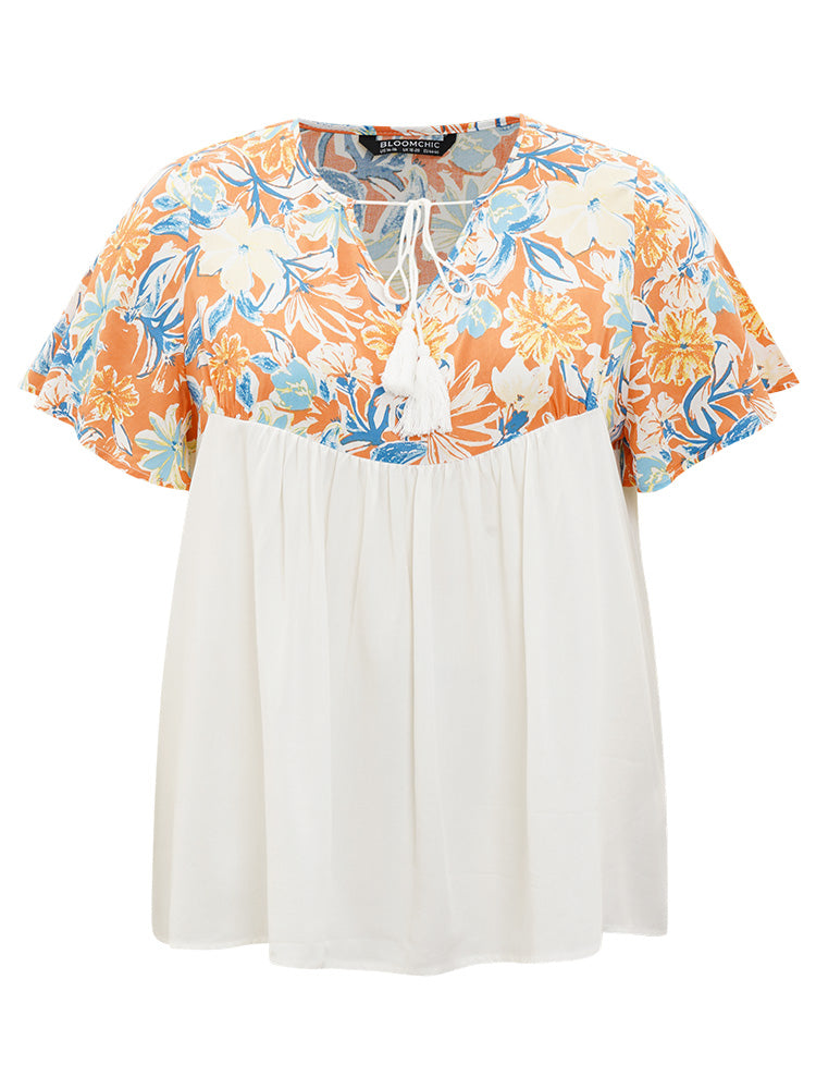 Floral Print Tie Neck Patchwork Gathered Blouse