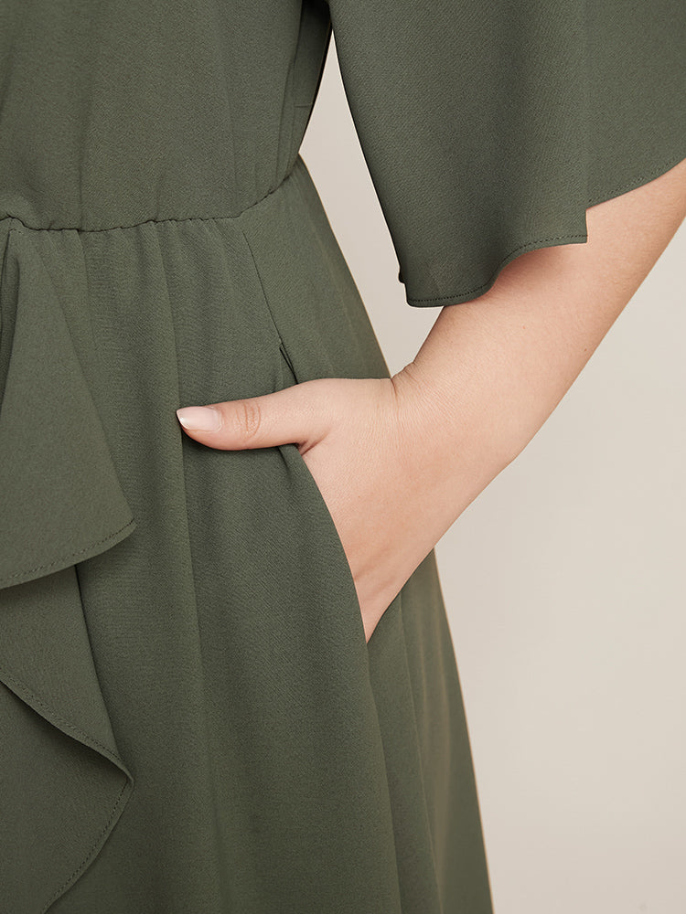 Plain Surplice Neck Pocket Ruffle Trim Midi Dress