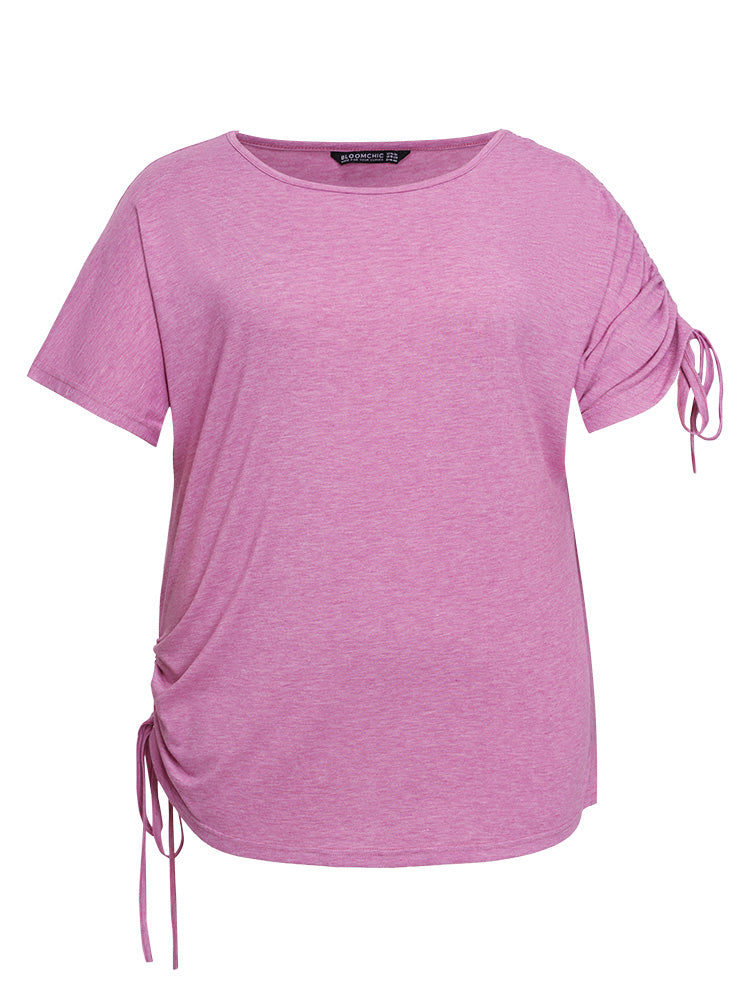 Solid Drawstring Side Batwing Sleeve Heather T-shirt