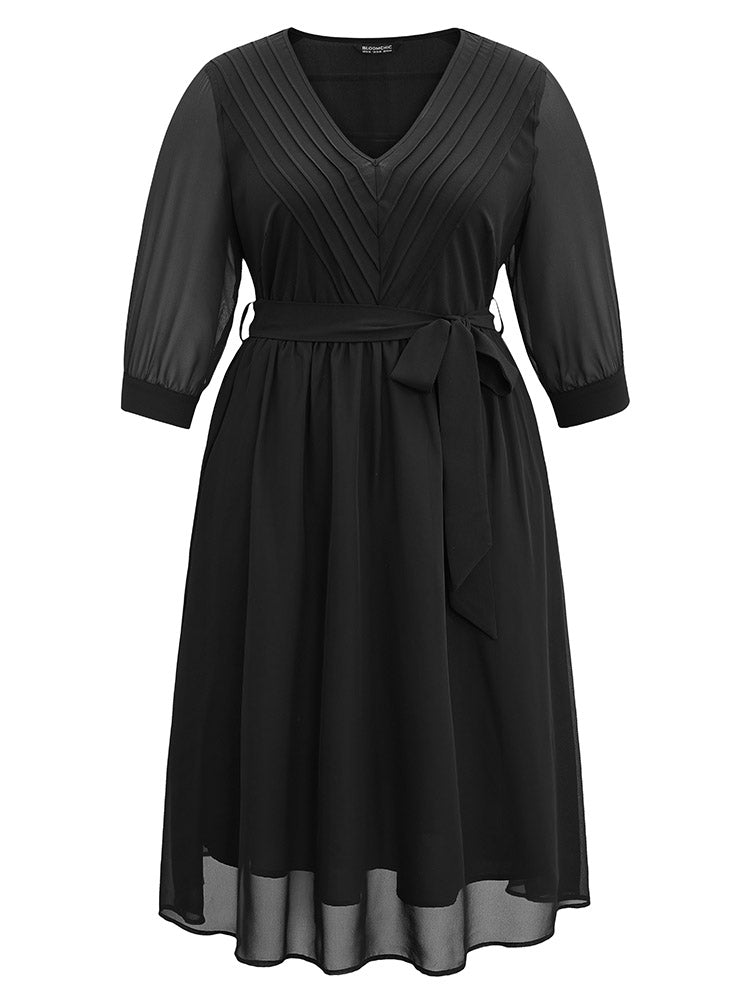 Mesh Patchwork Belted Pleated Dress