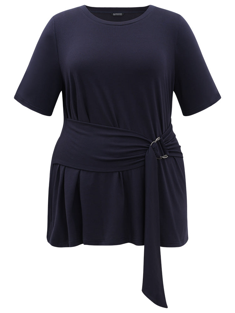 Crew Neck Buckle Detail Ruffle Hem T-shirt