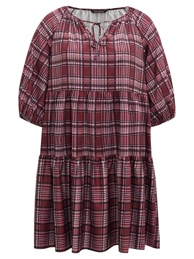 Plaid Tie Neck Ruffle Layered Hem Dress