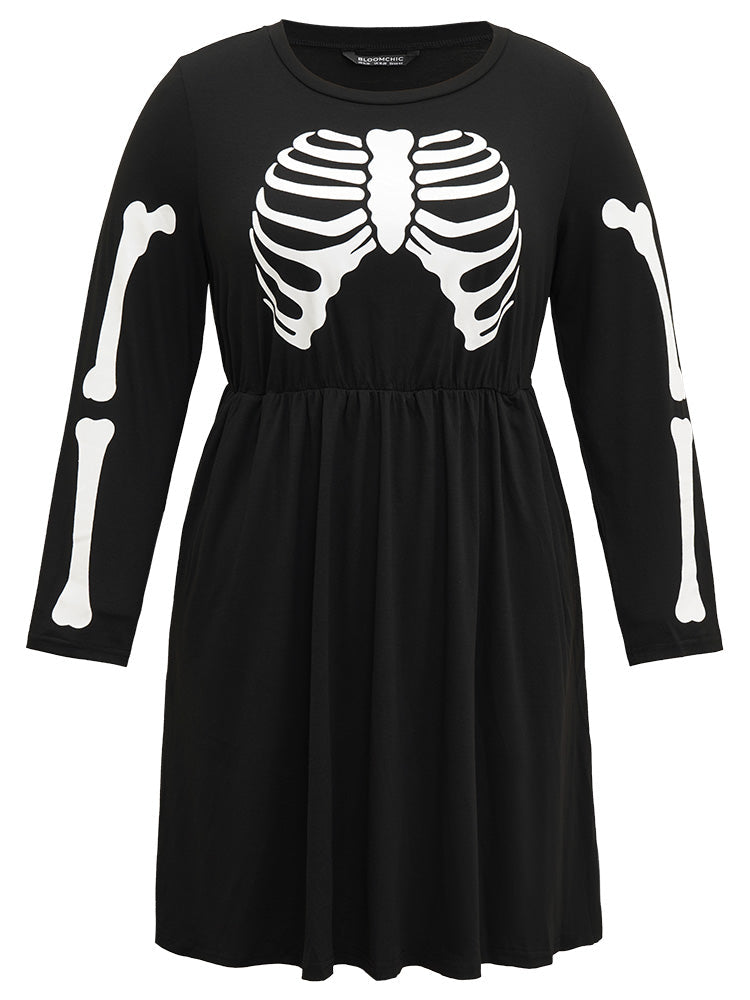 Halloween Print Round Neck Elastic Waist Dress